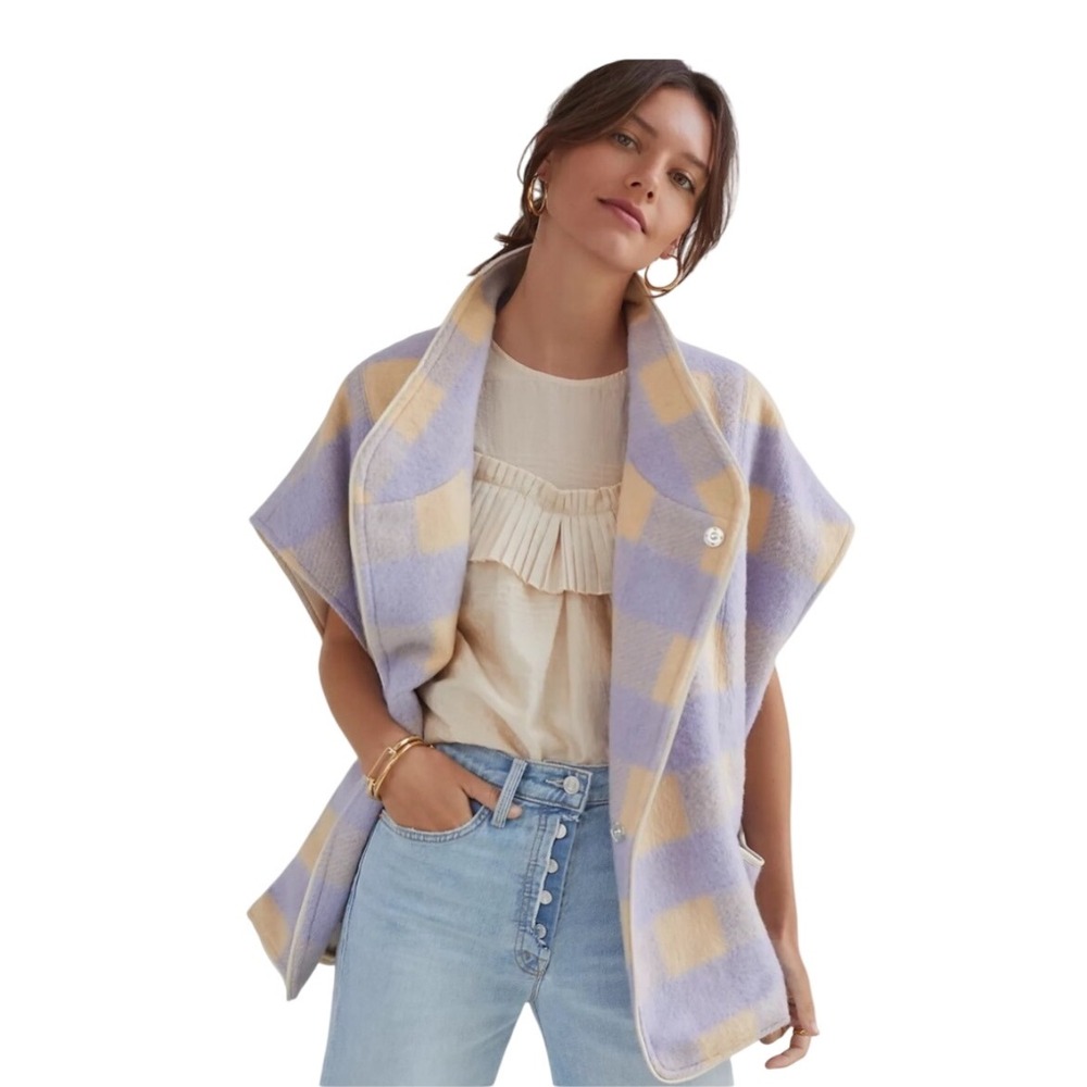 Anthropologie Anderson & Lauth‎ Purple Plaid Capelet Jacket One Size